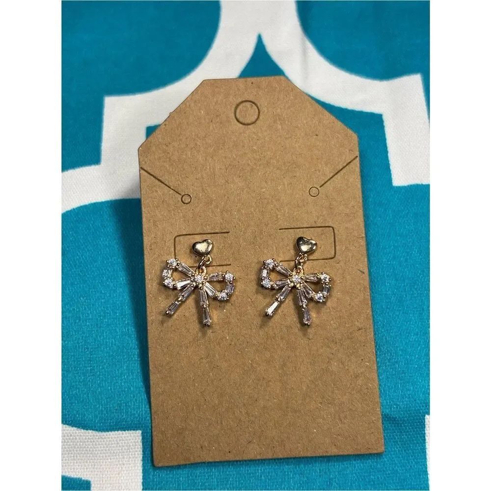 New Gold Bow Crystal Drop Earrings